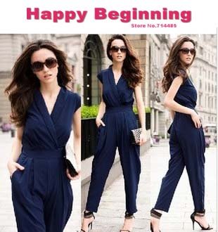 Free shipping 2012  New Fashion summer Rompers V-neck Sleeveless Slim fitting Women Jumpsuit plus sizes 3 Colors black AM5999