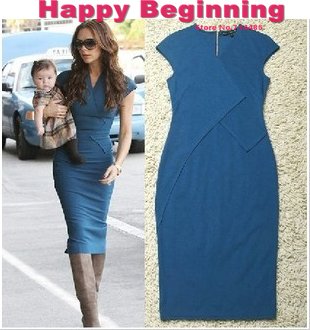 Free Shipping 2012 New Fashion Victoria Beckham style Body Fitting Cotton women Mid-calf Dress Plus Size  Pencil  Dresses S-XL