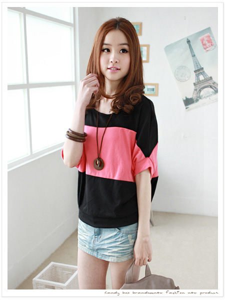 Free shipping,2012 New Fashion Women's Batwing Half Sleeve T-shirt Blouses,mix color striped patchwork loose cotton tee,3 color