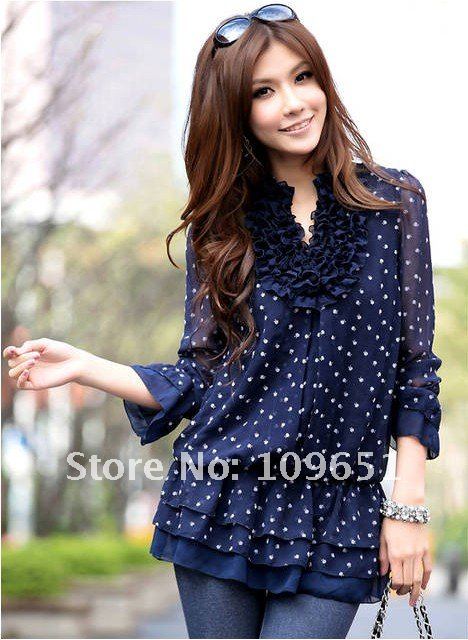 Free Shipping!2012 New Fashion Women's Dots Long Sleeve/ Short Sleeve Blouses,Color Pink/Blue/Gray,Ladies' Summer Cool T-Shirts
