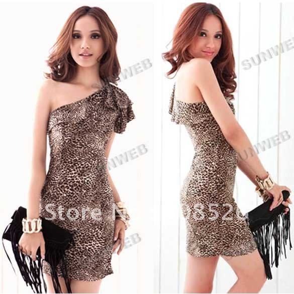 Free Shipping 2012 New Fashion Women's Dress Hot Sexy One Shoulder Leopard Dress 2818