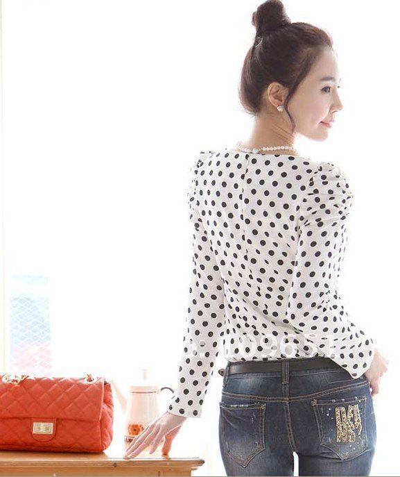 Free Shipping!!2012 New Fashion Women's Long Sleeve Dots Blouses, Ladies' Chiffon Shirt,New Style Fashion Korea O-Neck Blouses.