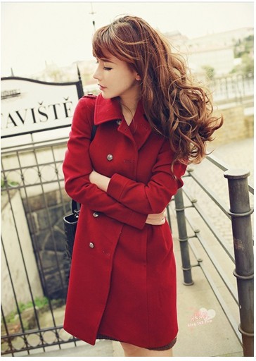 Free shipping 2012 New fashion Women's Trench Coat red woolen double breasted thick lady long overcoat turn-down collar jacket