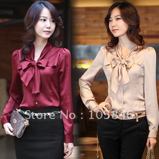 Free Shipping! 2012 New Fashion Women Summer Blouse OL Long-Sleeve Satin Shirt Shirt Five Colors Plus Size S/M/L/2XL/3XL S0644#