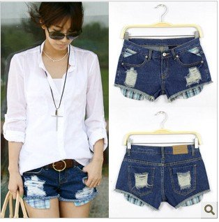 Free Shipping # 2012 new fashionable women plaid pocket blue jean shorts / hot pants K9279