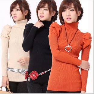 free shipping,2012 new,Free Size,Fashion,Puff Sleeve,Slim Fit,Turtle Neck,Women's Pullover Sweaters/Knitwear/knitted sweater