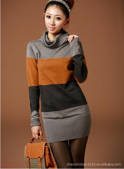 free shipping,2012 new,Free Size,Long Sweater,Three color stripe,Turtle Neck,Women's Pullover Sweaters/Knitwear/knitted sweater