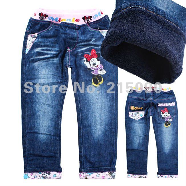 Free shipping 2012 new girl jeans pants children denim jeans kids thick winter MINNIE MOUSE warm jeans for girls wholesale