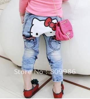 free shipping 2012 NEW girls leisure jeans. hello kitty cartoon girl jeans PP pants,Children's jeans Size: 5 7 9 11 13 15
