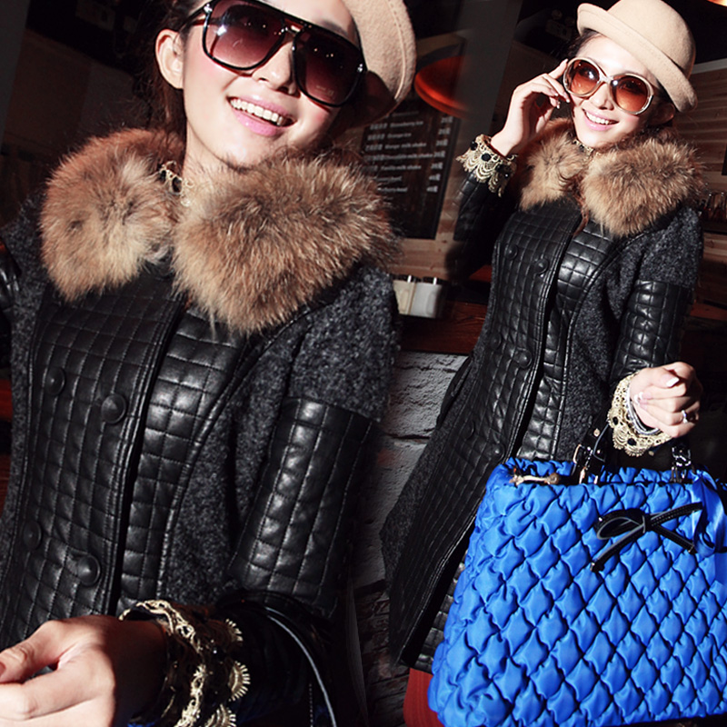 Free Shipping! 2012 New ,High-end Customization Fashion Wool Stitch Leather Fur Collar Woolen Outerwear Women Wool Coat,GRN60