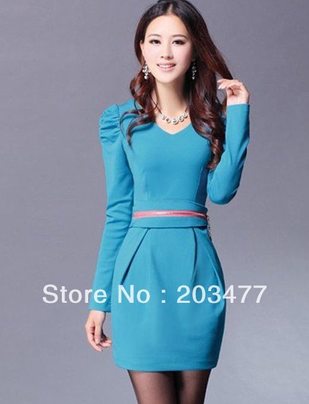 Free Shipping 2012 New Hot autumn long-sleeve V-neck puff sleeve slim elegant one-piece dress wholesale