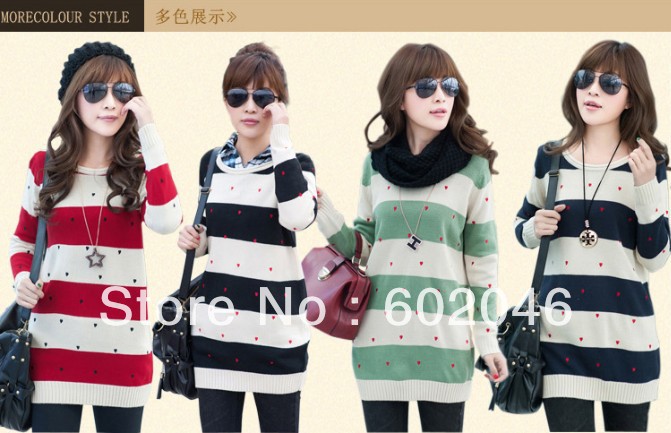 FREE SHIPPING 2012 NEW KOREAN STRIPE LOVE HEART ROUND COLLAR RENDER UNLINED GARMENT FEMALE LONG SLEEVE SWEATER DRESS