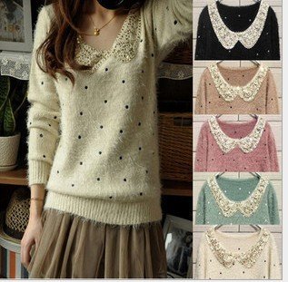 Free Shipping 2012 new Korean Women doll collar embroidery Polka Dot long-haired Knitwear / sweater /Knitwear shirt