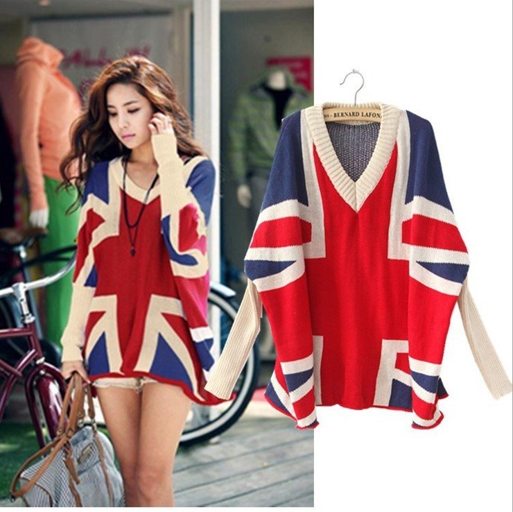 Free shipping  2012 new ladies Europe and America set of M word Union Jack Pullover sweater coat spell color/New fall sweaters