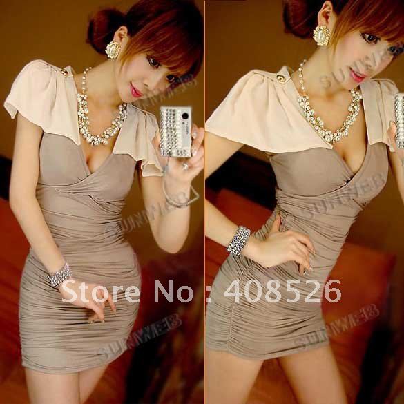 Free shipping 2012 New Ladies' fashion HOT Butterfly Shoulder Deep V-neck Thin Sexy Mini Dress Khaki 2020