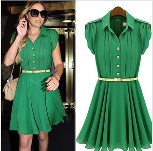 free shipping 2012 new Lapel single-breasted slim pleated chiffon dress short sleeve women summer dress (with belt) retail