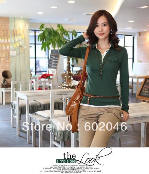 Free shipping 2012 new Slim fashion female models, lapel sweater  bottoming shirt hit the color shirt