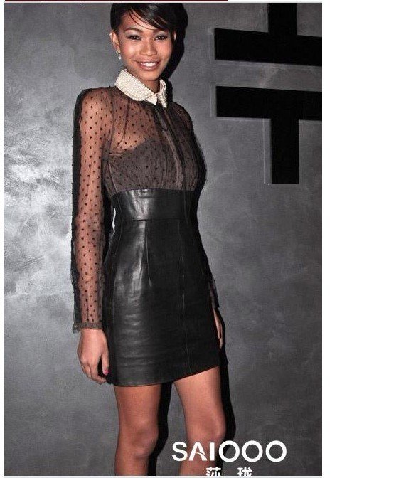 Free Shipping 2012 new Star of the same paragraph dress,Long-sleeved lace stitching PU leather dress