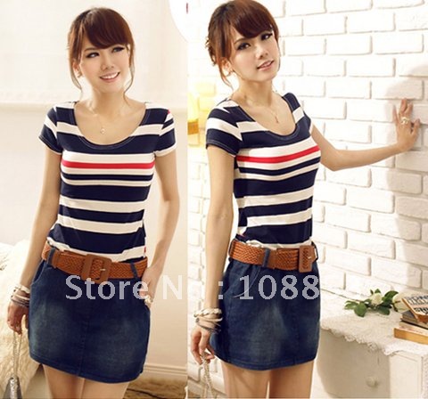 Free Shipping 2012 New Style Fashin Lady Womens Casual Stripes Cotton Shirt Top + Blue Jean Denim Summer Dresses Skirts