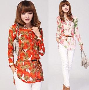 free shipping,2012 new style,lady long shirt,fashion flower T-shirt,print flower long shirt,summer T-shirt,chiffon T-shirt