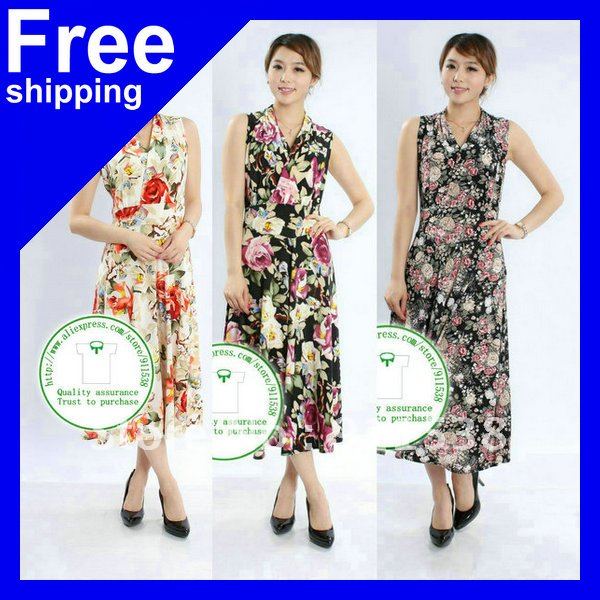 Free shipping 2012 new style v collar Broken beautiful series Long skirt middle-aged women's dress,dx0006