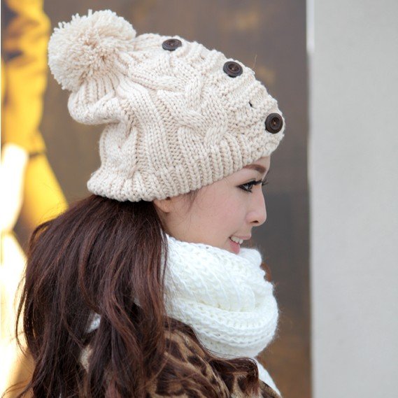 Free Shipping 2012 New Style Warm Winter Hats For Women Jonadab Button Twisted Knitted Hat Ladies Warm Cap