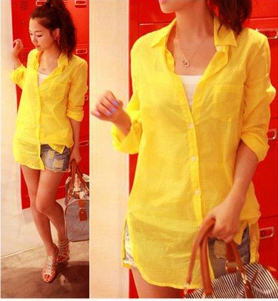 Free  shipping  2012   New summer bask in vogue female long sleeve shirt transparent  YELLOW
