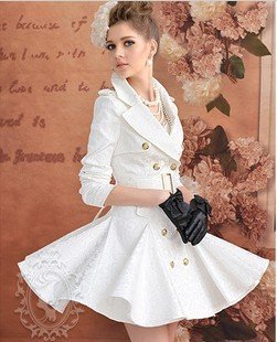 Free shipping 2012 new white jacquard slim big swing double breasted large lapel cloth long-sleeved windbreaker