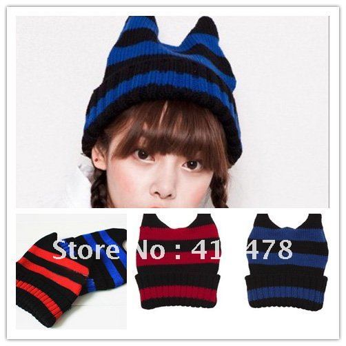 Free Shipping,2012 New Wholesale Crochet Beanie Pattern Skull Hat,Striped Cat Ears Design Knit Caps/Hats For Women Winter Warm