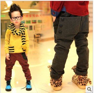free shipping,2012 new winter baby child Boys Kids thickened button stitching plus fleece leisure pants