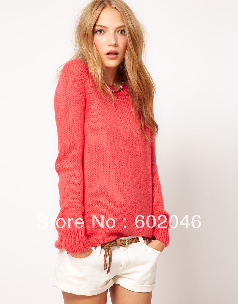 Free shipping 2012 new winter Europe and the United States long-sleeved round neck solid color knitting female sweater