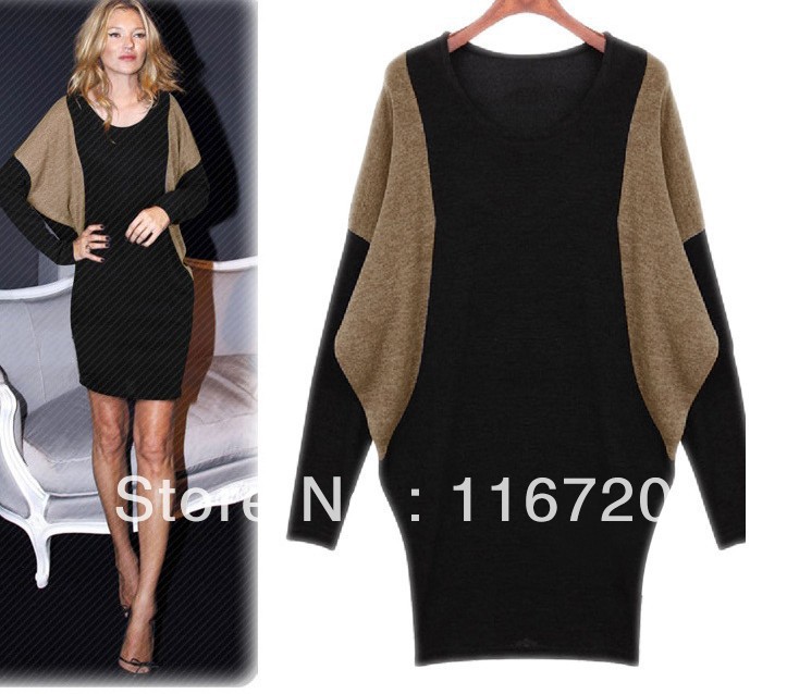 Free shipping 2012 new winter leniency batwing women dress fashion brand lady long sleeve casual dress color:black,khaki S-L