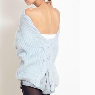 free shipping 2012 new winter sweet little sex appeal after deep v-neck temperament long sleeve hook flower sweater