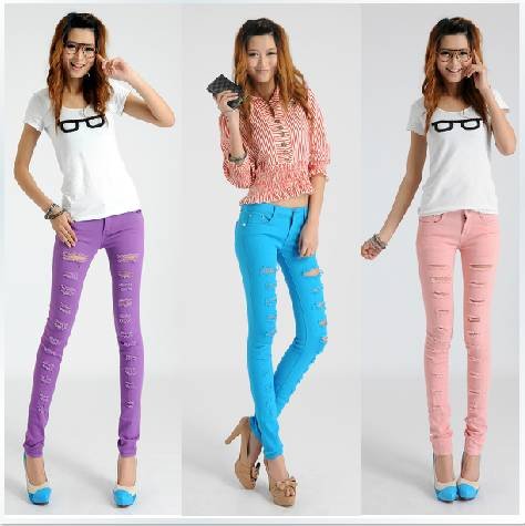 free shipping 2012, new  women fashion  beggars candy colored pencil hole feet pants.  woman jeans