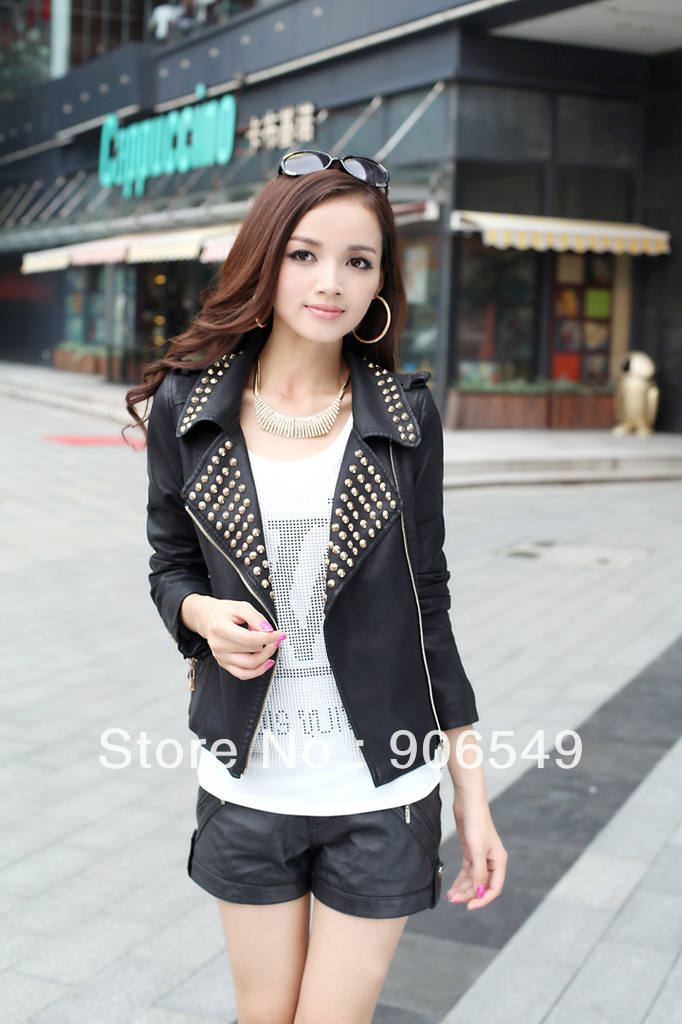 Free Shipping 2012 New Women Leather PU Punk Rivet Jackets Coat Ladies Fashion Motorcycle Slim Blazers Suits 3Color