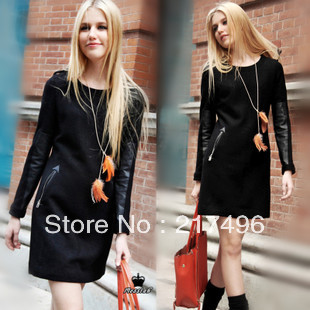 Free shipping 2012 new women's autumn and winter long-sleeved woolen cloth Patchwork Leather sleeve Slim dress
