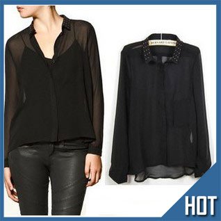 Free Shipping 2012 New women's blouse simple shirt rivets decorative sun protection shirts lady's shirt size S/M 12-22