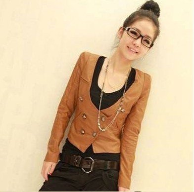 Free Shipping 2012 New Women's Fashion Double-breasted PU Leather Jacket, Korea Style Y8666-38