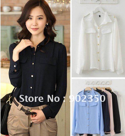 free shipping 2012 new women's fashion OL chiffon blouses loose long sleeve shirt all match shirts S,M,5 colors