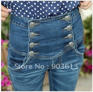 free shipping 2012 new women's jeans double breasted water wash high waist tight denim pencil pants