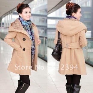 Free shipping 2012 New women wool coat trench coats outerwear clothes winter jackets long overcoat slim hood fit lady clothing