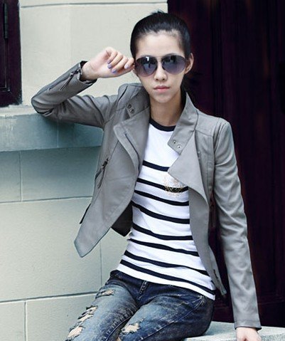 Free shipping 2012 New Womens leather Jacket Stand Collar Gray Short Coat Outerwear 1133 drop shippng