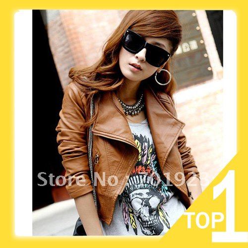 Free shipping 2012 New Womens Leather jacket Stand Collar Zipper PU leather Coat Brownmotorbike leather jacket  Y3109