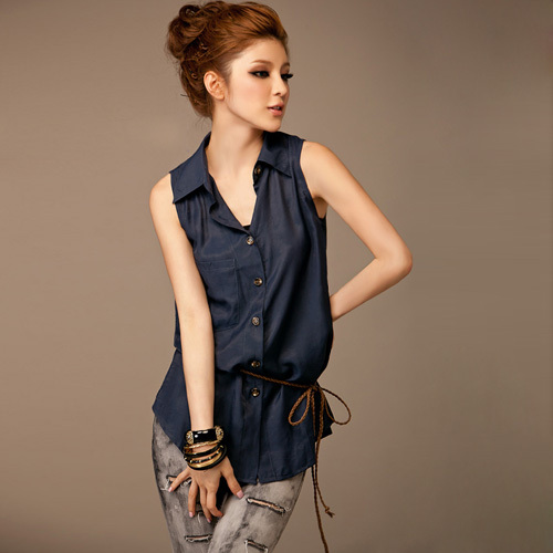 Free shipping 2012 New Womens Shirt Turn-down Collar Sleeveless shirts with Belt K7555