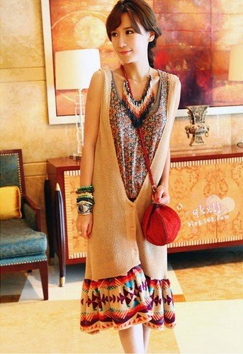 Free Shipping 2012 New York Rebecca Taylor Nations Style Printed Loose Sweater Plus Size Vest (Beige+Average)120905#4