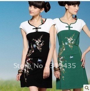 free shipping,2012 Newest Women embroidery flower short sleeve dress/lady flower design black/green dress,wholesale and retail