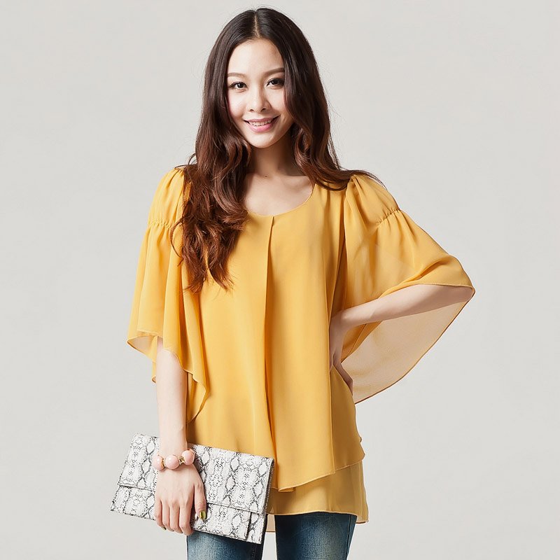 Free shipping 2012 newly arrival plus-size loose  elegant lotus leaf butterfly sleeve chiffon blouse / plus-size XL 2XL 3XL 4XL