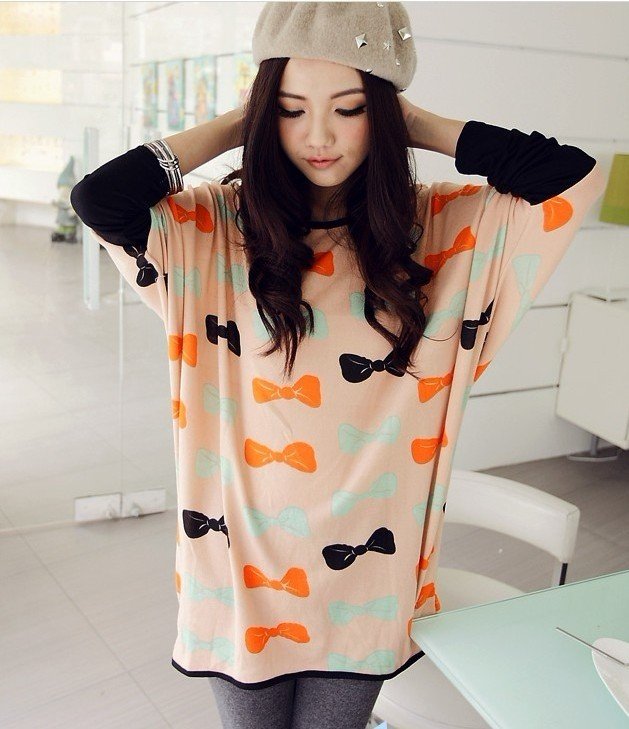 free shipping 2012 news fashion women's Autumn Batwing long sleeve Plush cotton blouses, Bow print casual knit sweater t shirts