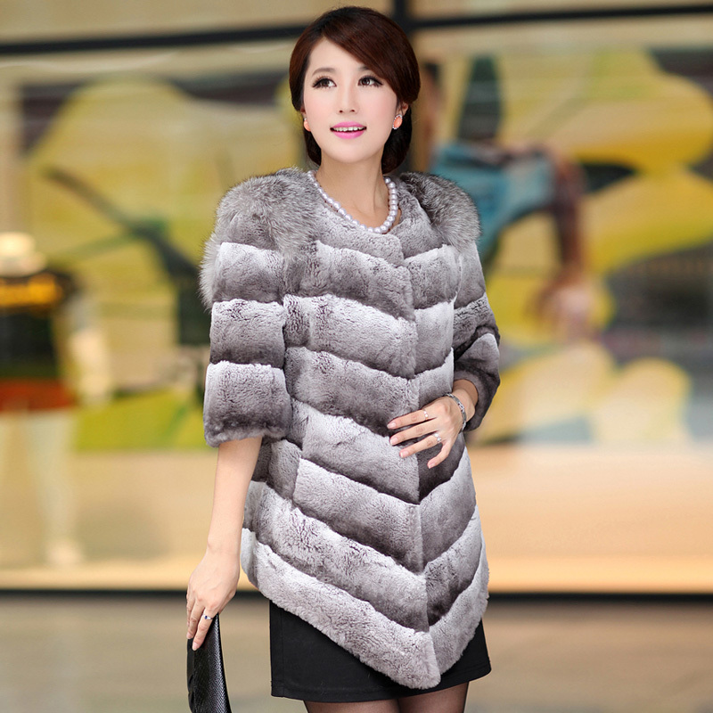 free shipping 2012 o-neck rabbit trophonema silver fox fur coat medium-long 8871
