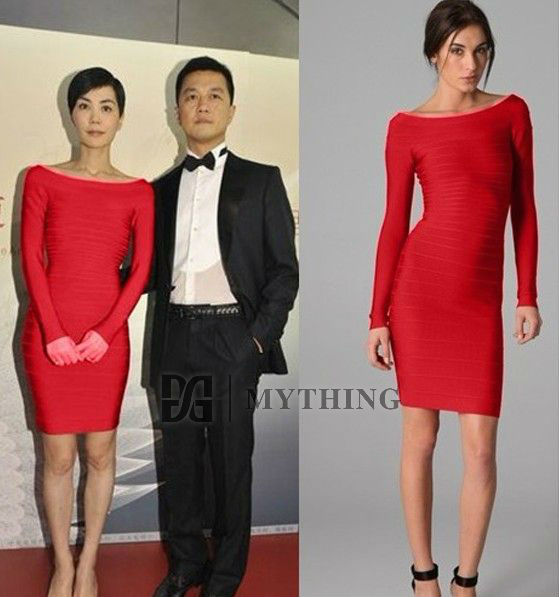 Free Shipping 2012 OL Elegant Bandage Knitted Dresses Long Sleeves Prom Short Gown Red / Black / Blue H115